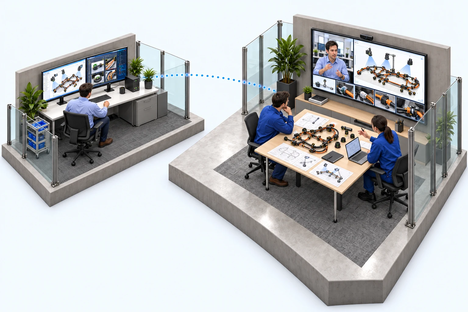 Remote vision engineer and customer production engineers discussing the product sample, inspection requirements and camera layout by video call